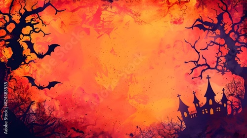 Eerie Halloween Scene with Ominous Silhouettes Haunted House Shapes and Twisted Trees on Fiery Gradient Background