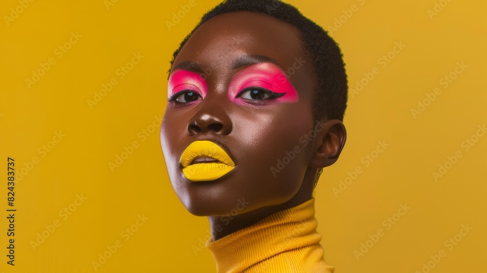 Portrait of a Black Woman with Vibrant Pink Eye Shadow and Yellow Lipstick in Yellow Outfit, Celebrating Parents' Day Portrait of a Black Woman with Vibrant Pink Eye Shadow and Yellow Lipstick in Yellow Outfit, Celebrating Parents' Day