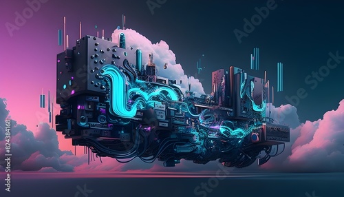 Futuristic Landscape with Glowing Ethereal Clouds and Integrated Technology