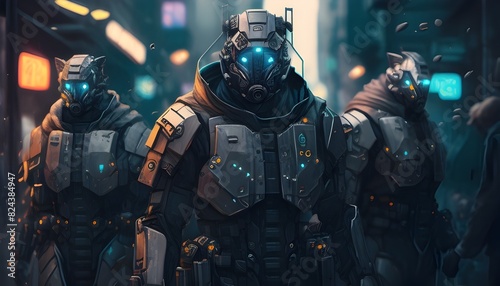 Cybernetically Enhanced Tactical Squad Escorts Futuristic Combat Assets Through Shadowy Metropolis