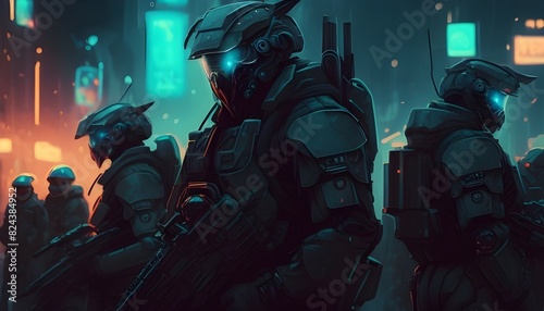 Futuristic Soldiers and Combat Robots Patrolling Neon Lit Dystopian City at Night