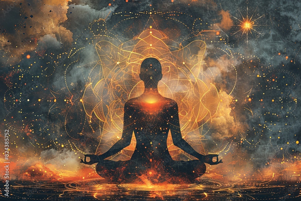 Asian monk emanates tranquility, enveloped in the eternal light of the universe, invoking deep spiritual reverence and ritual. Asian monk emanates tranquility, enveloped in the eternal light of the universe, invoking deep spiritual reverence and ritual.