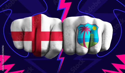 England VS West Indies T20 Cricket World Cup 2024 concept match template banner vector illustration design. Flags painted on hand with colorful background