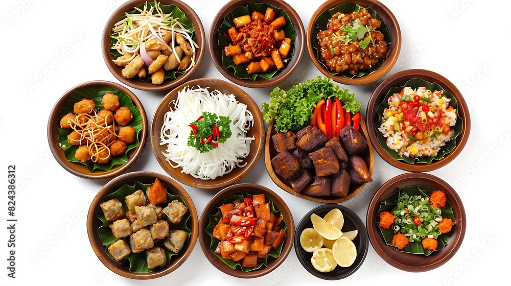 Authentic Indonesian Cuisine Spread on White Background in High Definition 8K Top View