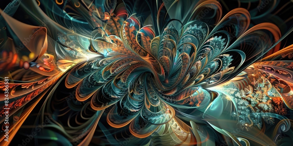 Obraz premium Intricate patterns merging into a symphony of shapes and colors, forming a unique and compelling digital composition.