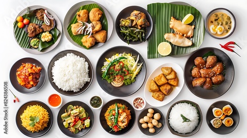 Authentic Indonesian Cuisine Spread on White Background in HD 8K Top View - Realistic Food Display