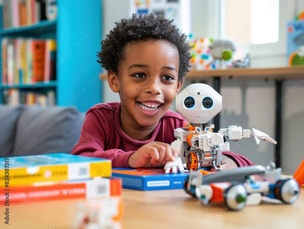 Niño jugando y aprendiendo con un robot educativo en una biblioteca o ...