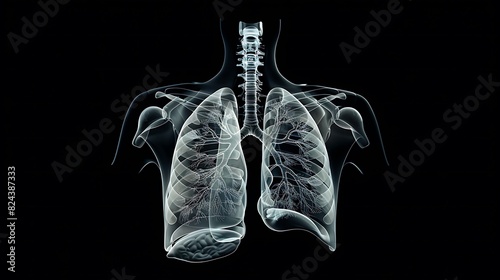 This 3D x ray displays the respiratory system highlighting the lungs expansion and contraction during breathing along with the trachea and bronchial tubes. photo