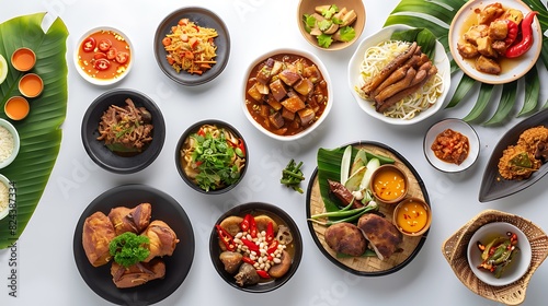 Top View Realistic Group of Indonesia Food on Plain White Background in HD 8K Resolution photo