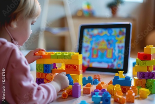 Niña jugando con bloques de construcción de colores y tablet en un entorno educativo