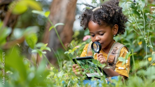 Niña explorando la naturaleza con una lupa y una tablet en el jardín photo