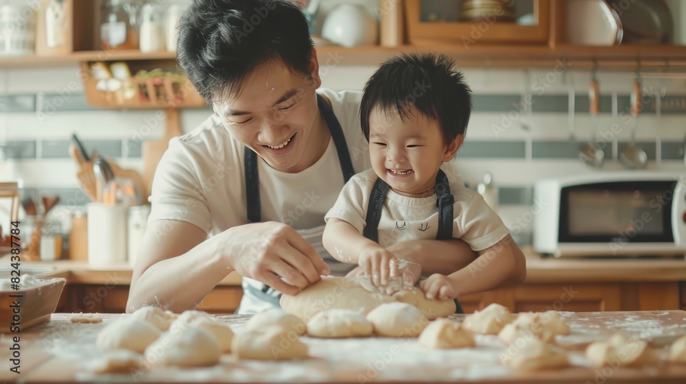white family having fun prepare bakery together at home. Asian father and adorable son kneading dough in kitchen. Happy loving Man and little helper boy enjoy while making cakes and cookies