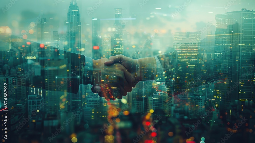 Businessmen Shaking Hands in Double Exposure with Urban City Background - Corporate Partnership Concept in Documentary Style Businessmen Shaking Hands in Double Exposure with Urban City Background - Corporate Partnership Concept in Documentary Style