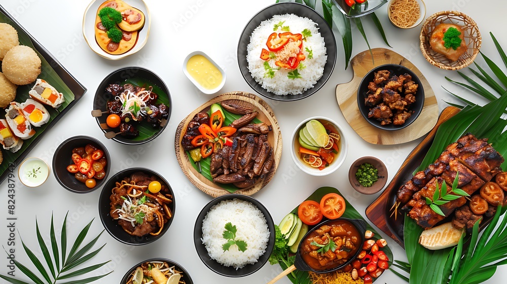 Authentic Indonesian Cuisine Collection from a Bird's Eye View on White Background in High Definition 8K Resolution Authentic Indonesian Cuisine Collection from a Bird's Eye View on White Background in High Definition 8K Resolution