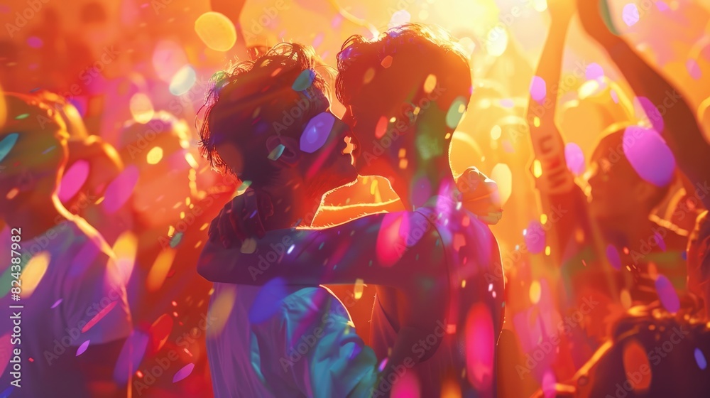 Love Knows No Bounds - Happy Gay Couple Embracing in a Diverse Urban Crowd Love Knows No Bounds - Happy Gay Couple Embracing in a Diverse Urban Crowd