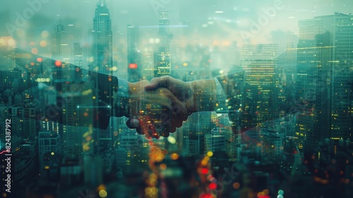 Businessmen Shaking Hands in Double Exposure with Urban City Background - Corporate Partnership Concept in Documentary Style
