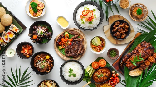 Authentic Indonesian Cuisine Collection from a Bird's Eye View on White Background in High Definition 8K Resolution
