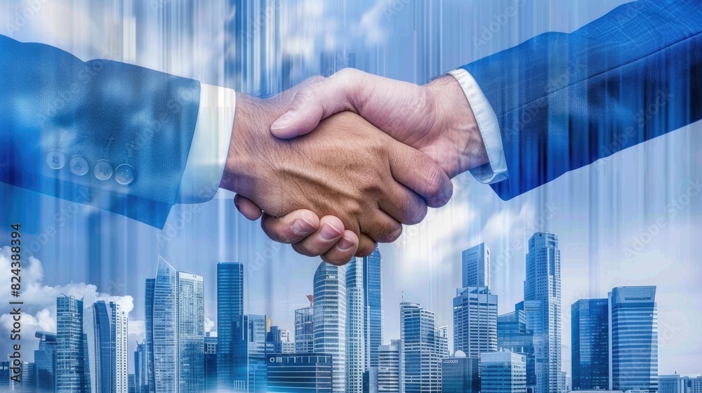 Corporate Partnership in Modern Business Environment - Double Exposure of Businessman Shaking Hands with High-Tech Office Background Corporate Partnership in Modern Business Environment - Double Exposure of Businessman Shaking Hands with High-Tech Office Background