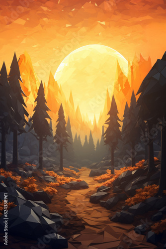Low poly artwork, A majestic giant sunset in dense forest landscape, creating a warm and mystical atmosphere with towering trees and rugged terrain.