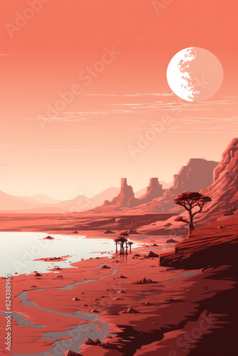 Pixel Art of Martian landscape under a large moon, beside a reflective lake, surrounded by cliffs and distant mountains.