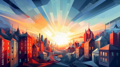 Low poly artwork, Vibrant abstract cityscape at sunrise with geometric shapes and warm colors creating a dynamic and modern urban scene.