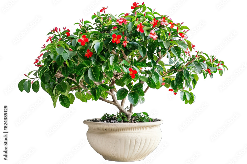Tropical plant bush shrub red flower pot green tree isolated on white background Tropical plant bush shrub red flower pot green tree isolated on white background