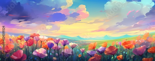 Low poly artwork, A dreamy meadow with blooming flowers under a beautiful sunset sky, creating a panoramic and serene landscape.