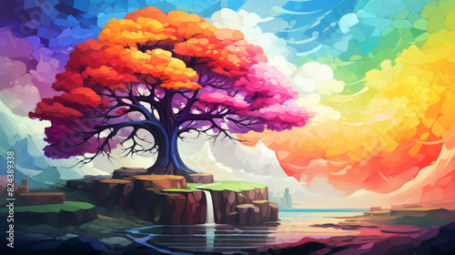 Low poly artwork, Stunning scene of a mythical giant tree with vibrant, colorful foliage set against a captivating, dreamlike landscape.