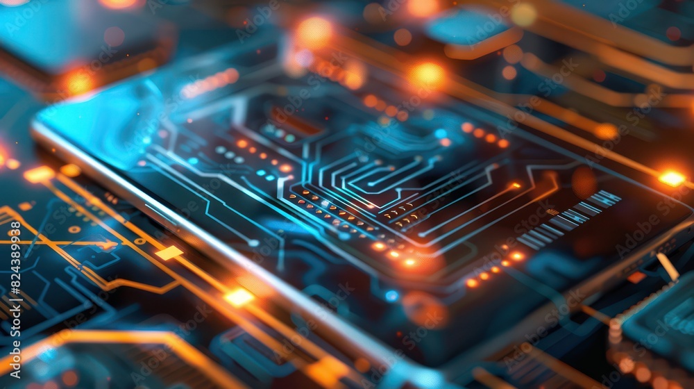 Macro shot of a futuristic glowing circuit board with electronic pathways and nodes Represents innovation and technology