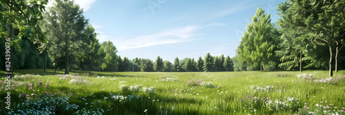Idyllic Summer Meadow with Blooming Wildflowers and Sunlit Green Landscape Reflecting Nature's Tranquility photo