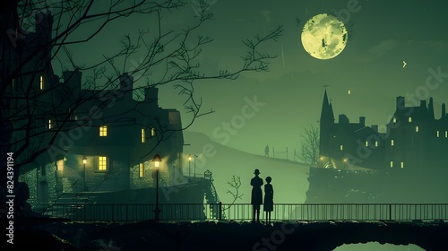 Haunting Moonlit Castle Enveloped in Ethereal Mist and Shadow photo
