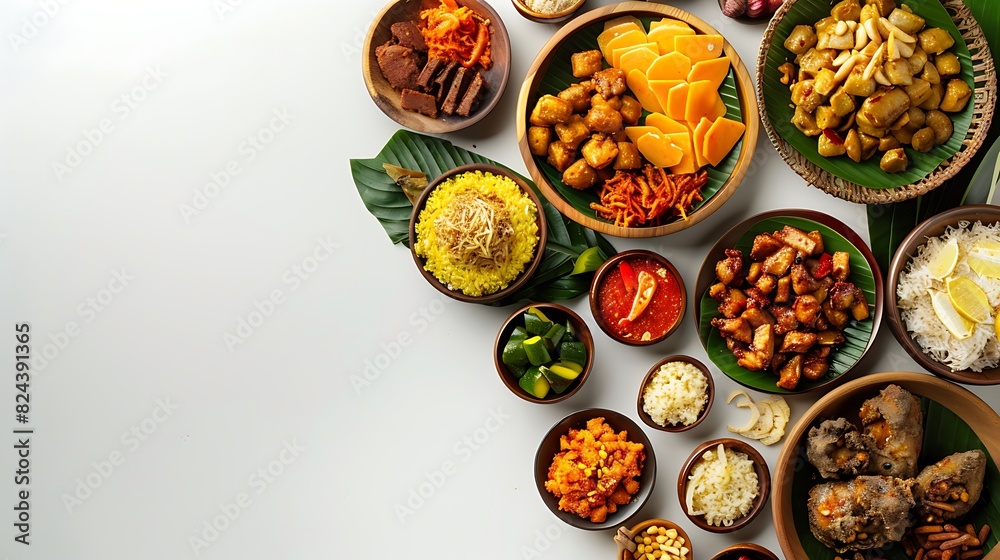 Fototapeta premium Authentic Indonesian Cuisine Spread in High Definition 8K Top View on White Background