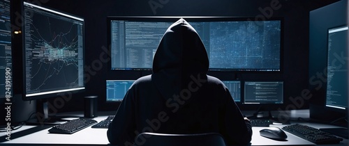 hacking with a mesmerizing depiction of an anonymous hacker, their back presented in a half-turn, wearing a hoodie, seated in front of a commanding monitor, engrossed in the process of deciphering
 photo