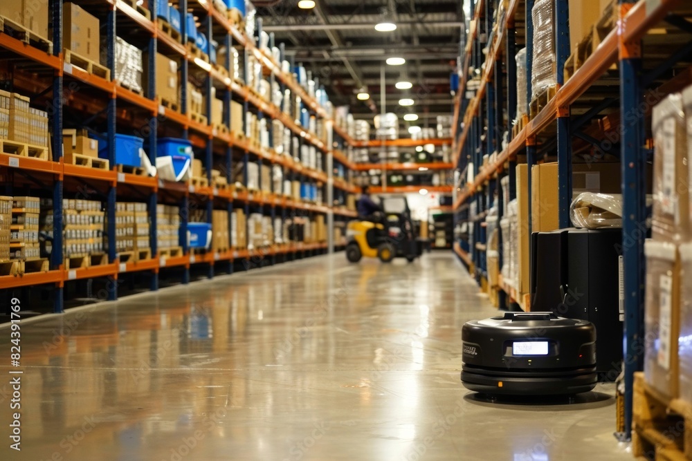 Warehouse with Robotic Systems and Human Workers Efficiently Handling and Organizing Inventory