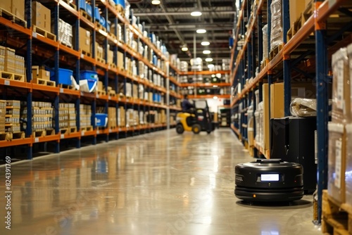 Warehouse with Robotic Systems and Human Workers Efficiently Handling and Organizing Inventory
