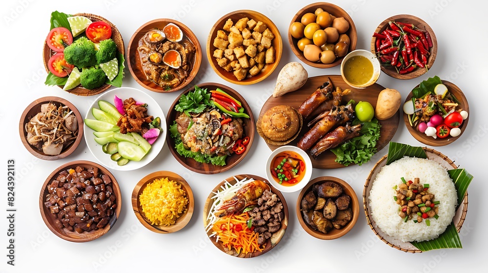 Authentic Indonesian Cuisine Spread on White Background in Stunning 8K Resolution - Top View Realistic Food Photography