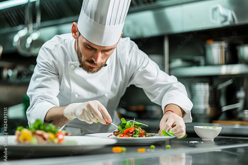 A chef is preparing food in a kitchen with many plates of food on the counter. The chef is wearing a white hat and gloves A chef is preparing food in a kitchen with many plates of food on the counter. The chef is wearing a white hat and gloves