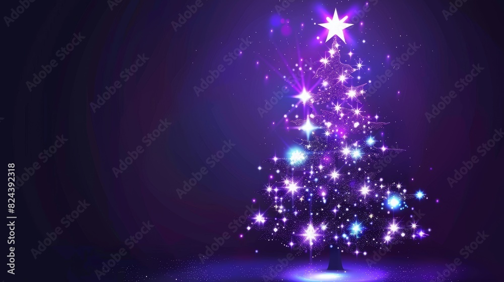 A beautifully lit Christmas tree with sparkling lights and a glowing star topper, set against a dark purple background. A beautifully lit Christmas tree with sparkling lights and a glowing star topper, set against a dark purple background.
