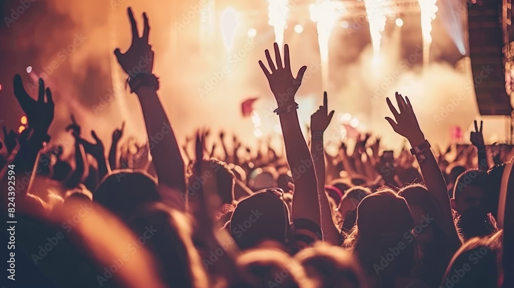 Energetic crowd with raised hands enjoying live music concert with vibrant lights and smoke-filled atmosphere. Energetic crowd with raised hands enjoying live music concert with vibrant lights and smoke-filled atmosphere.