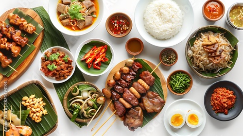 Authentic Indonesian Cuisine - Top View of Varied Dishes on Plain White Background in HD 8K Resolution photo