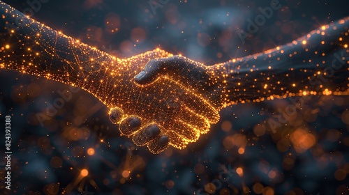 Digital handshake icons representing international connectivity. stock image photo