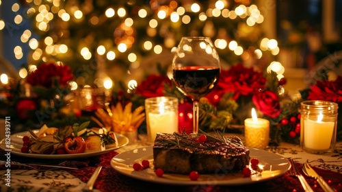 Festive holiday dinner setup with steak  red wine  and candles  perfect for Christmas celebration in a beautifully decorated  cozy setting.