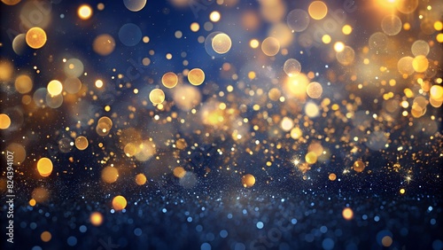 Gold Foil Texture on Dark Blue Background with Glowing Particles and Bokeh Lights