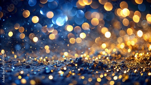Dark Blue and Gold Particle Abstract Background with Christmas Light Bokeh