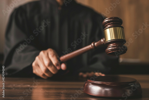 A judge is holding a gavel and wearing a black robe. The gavel is on a wooden stand photo
