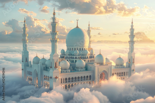 Ramadan Kareem background. Eid Mubarak, greeting background with mosque and white cloud.