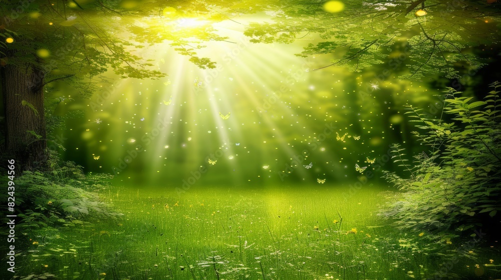 Fototapeta premium Enchanted Forest with Sun Rays, Greenery, and Butterflies Creating a Magical Nature Scene