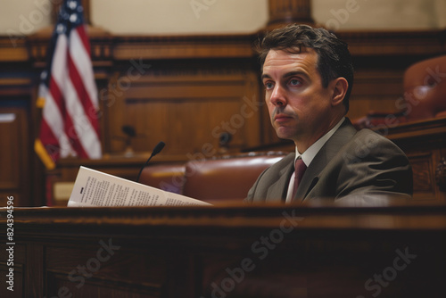 A man in a suit is sitting in a courtroom with a book in front of him. He is wearing a tie and he is reading the book photo