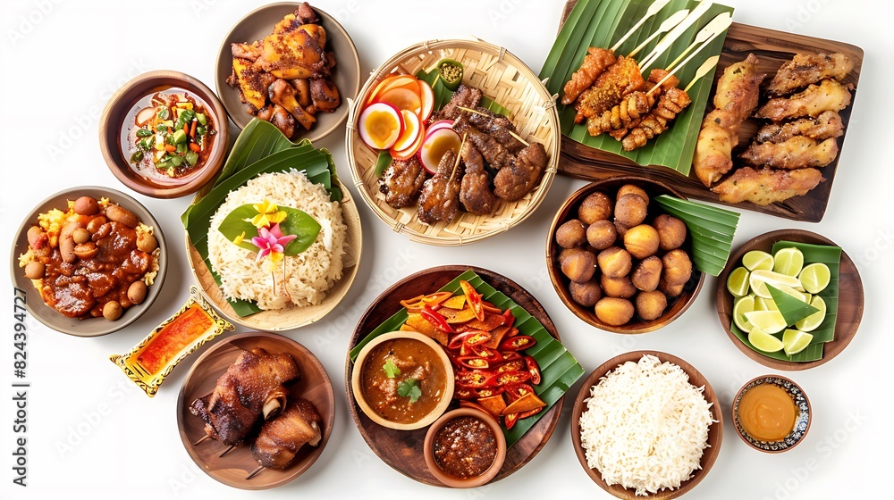 Authentic Indonesian Food Showcase on White Background in High Definition 8K Quality, Top View Realistic Group Display Authentic Indonesian Food Showcase on White Background in High Definition 8K Quality, Top View Realistic Group Display