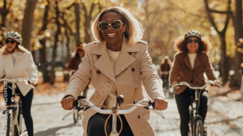 Radiant Senior Women of Diverse Backgrounds Cycling Joyfully in Sunny Park © Ryzhkov